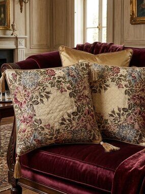 Set of Two Tassel Corner Floral Quilted Cushion Covers